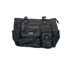 MultiSac Black Faux Leather Multi-Pocket Shoulder Bag With Adjustable Straps